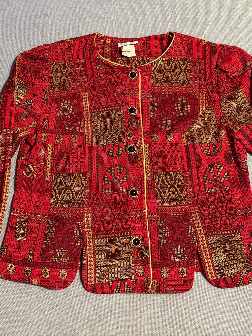 Vintage Red Patterned Women's Jacket with Gold Trim